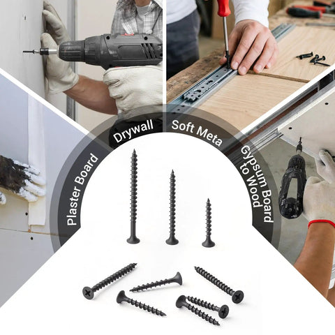 Rock Solid Heavy Duty Drywall Screws 1 1 4 Inch Coarse Thread Carbon Steel Black Phosphate Finish Phillips Drive Bugle Head for Wall Studs being used on drywall and wood.