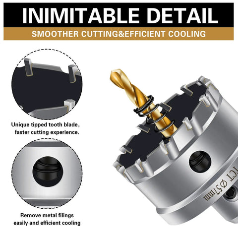 Heavy Duty Carbide Hole Saw Kit For Metal TCT Cutting Set with tipped tooth blade and drill bit close-up detail
