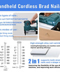 Ready To Roll 2 In 1 Cordless Brad Nailer Battery Powered Tool With Dual 21 Volt Rechargeable Batteries, showcasing two firing modes and nail types.