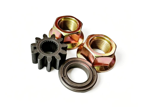 All In One Steering Shaft Pinion And Bushing Kit With Five By Eight 18 Flanged Spindle Blade Lock Nut including parts laid out.