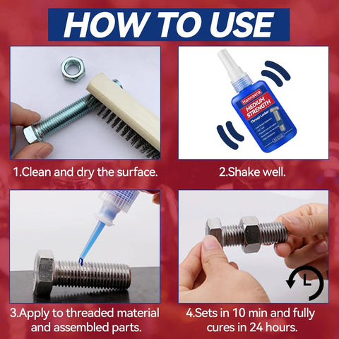 Thread locker how-to guide: blue medium-strength bottle, bolt with nut, four-step process (clean, shake, apply, cure).