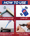 Image showing how to use Blue And Red Thread Locker Kit For Nuts And Bolts Removable And Permanent Adhesive To Prevent Loosening From Vibration And Lock It Down Seals Tight And Prevents Leaks On Metal Fasteners Includes Medium 50 Ml Bottles Two And High Strength 50 Ml Bottle.