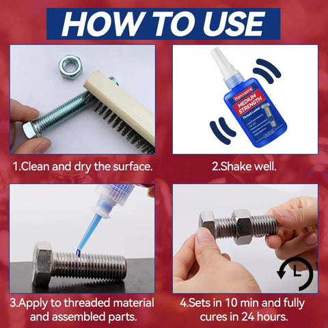 Image showing how to use Blue And Red Thread Locker Kit For Nuts And Bolts Removable And Permanent Adhesive To Prevent Loosening From Vibration And Lock It Down Seals Tight And Prevents Leaks On Metal Fasteners Includes Medium 50 Ml Bottles Two And High Strength 50 Ml Bottle.