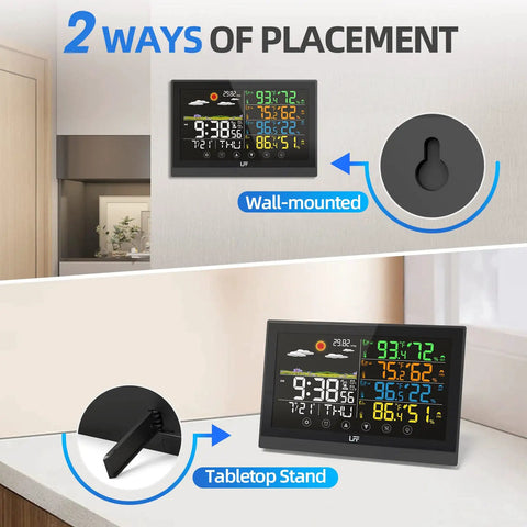 All In One Indoor Outdoor Weather Station With Three Wireless Sensors, Color Display, wall-mounted and tabletop stand