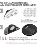 Two installation methods shown for Heavy Duty Magnetic Floor Door Stopper That Keeps Your Door Locked In Place With Premium Peel And Stick Tape No Drilling Headache For House Or Work Space Black.