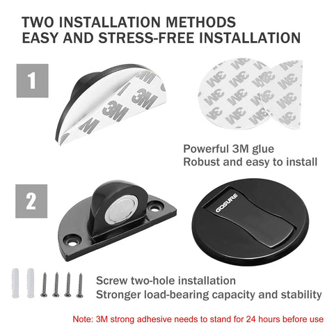 Two installation methods shown for Heavy Duty Magnetic Floor Door Stopper That Keeps Your Door Locked In Place With Premium Peel And Stick Tape No Drilling Headache For House Or Work Space Black.