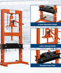 Hydraulic Shop Press 6-Ton H-Frame For Garage And Home Workshop Floor Model With Adjustable Pressure Press Plates Included Beefed-Up Durable Orange Finish shown with adjustable features.