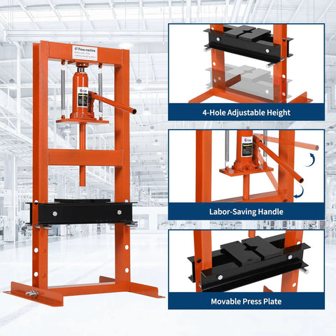Hydraulic Shop Press 6-Ton H-Frame For Garage And Home Workshop Floor Model With Adjustable Pressure Press Plates Included Beefed-Up Durable Orange Finish shown with adjustable features.