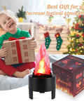 Child holding a gift with 3D LED Fake Campfire Flame Light With Realistic Flicker by Christmas tree, electric flame decor display