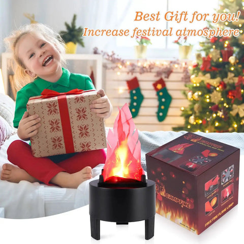 Child holding a gift with 3D LED Fake Campfire Flame Light With Realistic Flicker by Christmas tree, electric flame decor display