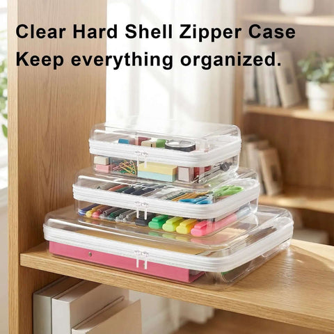 Sleek Badass Clear Hard Shell Zipper Storage Cases 3 Pack Medium Large Extra Large on shelf holding office supplies.