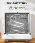 Inside view of No Fuss Portable Countertop Dishwasher With Smart App Control And Built In Water Tank featuring a triple-jet system.
