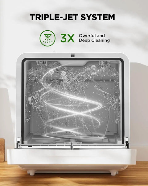 Inside view of No Fuss Portable Countertop Dishwasher With Smart App Control And Built In Water Tank featuring a triple-jet system.