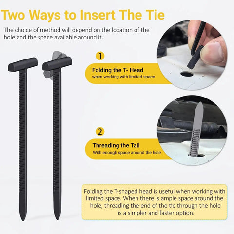 Diagram showing two methods for inserting Heavy Duty Nylon Universal Cable Tie Buckles And Self Locking Zip Tie Clips in mounting holes.
