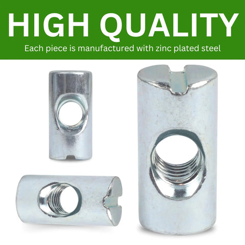 Top Shelf Cross Dowel And Barrel Nut Sleeve Set, zinc plated steel, M6 connector for furniture assembly, detailed close-up view.