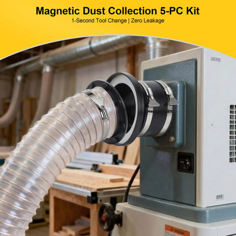 One To Multi Magnetic Dust Collector System For 4 Inch Woodworking Dust Hose Includes 1 Port Connector And 2 Sets Of 4 Inch Couplers Quick Connect Easy Move Between Tools Vacuum System Compatible installed in workshop