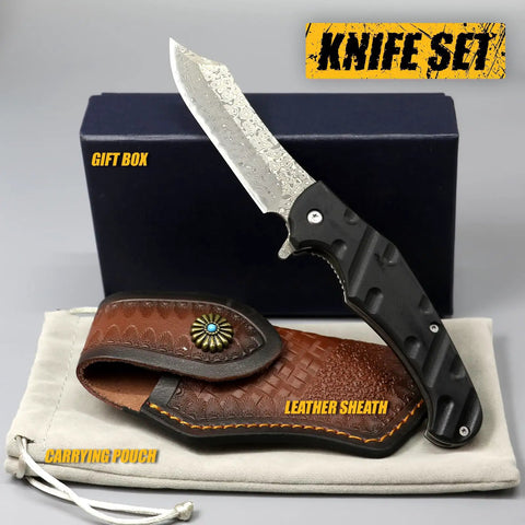 Beefy 67 Layer Damascus Steel Folding Pocket Knife With VG10 Core, G10 Handle, Flipper Opener And Clip displayed with sheath and pouch