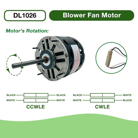 Direct-Drive Blower Motor For HVAC Systems 1/4 HP 115V 3-Speed 1075 RPM Replacement Compatible With AO Smith 1026 GE 3583 Fasco D721 Magnetek 0533 Marathon X000 Emerson 1863 shown with shaft and wiring