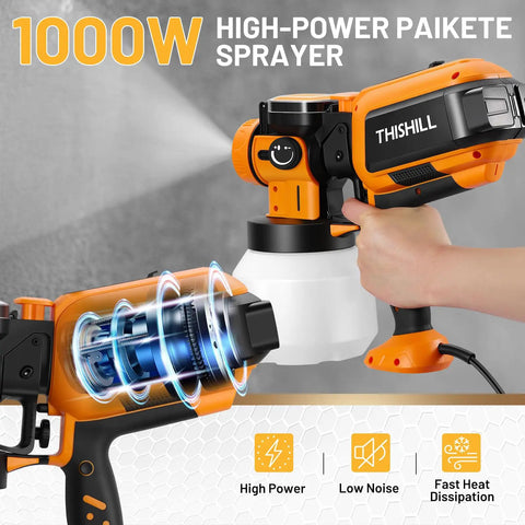 Powerhouse 1000W Electric Paint Sprayer With Generous 1500 Ml Container, showcasing adjustable nozzles and ergonomic grip.