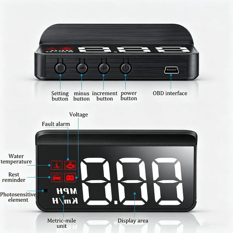 Windshield Speed Projector Heads Up Display For Tesla Cybertruck With Auto Brightness featuring a digital display and control buttons.