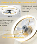 Low Profile Ceiling Fan With Light Flush Mount 6 Speed Reversible Silent Operation Remote And App Control Gold Finish 19.7 Inch Dope Dimmable LED Lighting From 3000K To 6500K For Living Room Bedroom And Kitchen shown with clear smoke gray fan blades and circular acrylic lampshade.