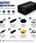 8 output connector options for Heavy Duty 12V To 72V Forklift Battery Charger Delivers Powerful 600W Output.