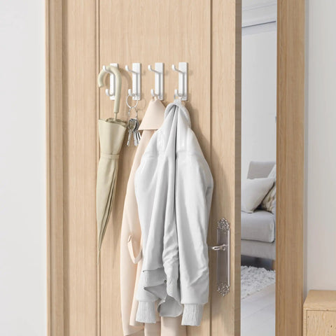 Wall Hooks For Coats And Towels 13 lb Load Heavy Duty Stick On Adhesive Door Hanger White 4 Pack with clothes and umbrella hanging