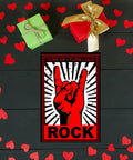 Xanovir music tin sign, 8x12 inches, red hand making rock horns on radiating black-and-white background with ROCK.