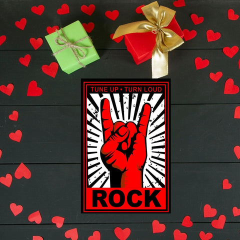 Xanovir music tin sign, 8x12 inches, red hand making rock horns on radiating black-and-white background with ROCK.