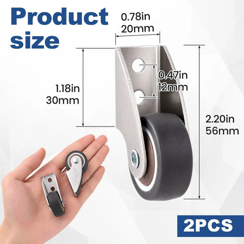 2 Pack Low Profile Anti Sag Caster Wheels Featuring Slick 360 Degree Swivel Action And Hassle Free Door Support Rollers with size dimensions