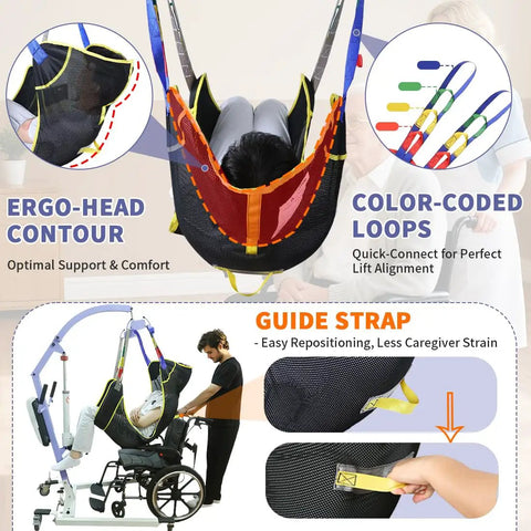 Super Cool And Durable Full Body Mesh Patient Lift Sling For Electric Ceiling Hoists With Quick Dry Breathable Fabric And 500 Lb Capacity For Easy Elderly Transfer with color-coded loops and ergonomic support.