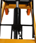 Heavy Duty 330Lbs Hydraulic Lift Table Cart with black cylinder and four locking wheels for material handling