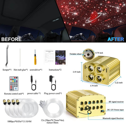 Starlight Headliner Kit For Cars And Home Ceilings With Four Color Twinkle And Meteor Fiber Optic Lights 32W High Brightness
