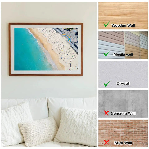 Picture frame on wall with materials checklist; 500Pcs Stainless Steel Wall Nails Set, 6 Sizes Finishing Nails For Hanging Picture Frames Like A Pro, Shelves, Wood And Drywall, Home Decor And Remodeling Must Have Tool Kit.
