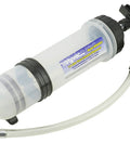 Side view of Mityvac MVA6852 1.5L fluid evacuator with transparent reservoir, twist-valve, and attached hose