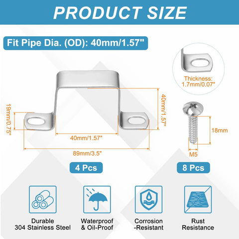 Diagram of 40x40mm stainless steel pipe clamp set, showing dimensions, material, and features for industrial use including screws.