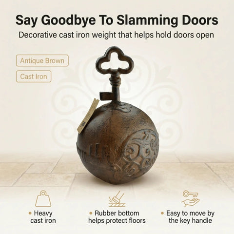 Heavy Duty Cast Iron Door Stop With Ball And Key Design, 4 lb weighted holder in antique brown, decorative weight for home or office