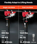 Heavy Duty Wireless Electric Hoist 1320 Lb Lift, 1150W 110V Steel Wire Winch With Remote Control, 40-Foot Lift Height, durable garage shop use; single-line and dual-line modes shown