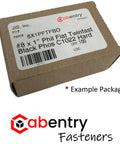 Example package of #8 x 1" Phillips flat twinfast screws, black phosphate finish, C1022 hard, shown in brown cardboard box.
