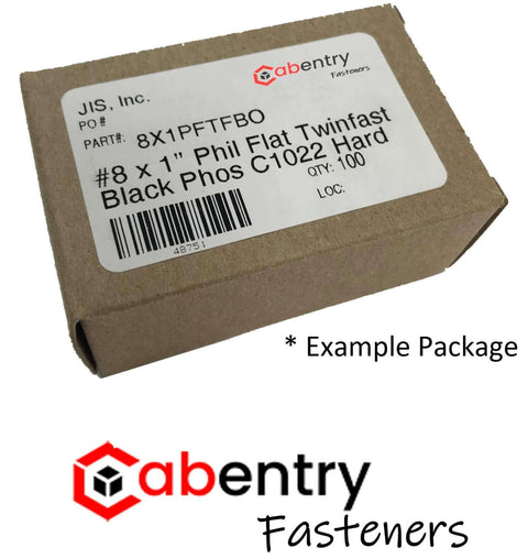 Example package of #8 x 1" Phillips flat twinfast screws, black phosphate finish, C1022 hard, shown in brown cardboard box.