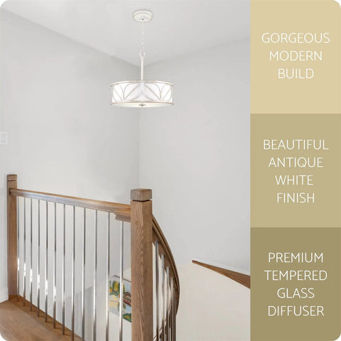 Eloise 16 Inch 3 Light Modern Pendant Light Chandelier with drum shade and glass diffuser in antique white finish.