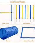 4 Piece Dope Dog Agility Training Course Kit with high jump, weave poles, tunnel, pause box. Blue and yellow setup.
