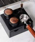 Slick Coffee Tamper Holder Portafilter Stand Tight Tamping Station Organizer For Home Baristas, food grade ABS with wooden accents.