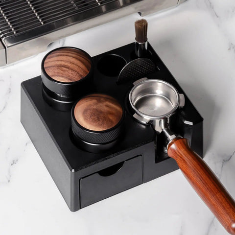Slick Coffee Tamper Holder Portafilter Stand Tight Tamping Station Organizer For Home Baristas, food grade ABS with wooden accents.
