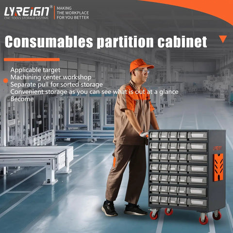 Heavy Duty CNC Tools Organizer Cabinet On Wheels For Consumables And Cutting Tools Divider Storage Chest Made From Cold Rolled Steel Rust Resistant Tool Box With Smooth Rolling Castors And Wide Access in a workshop setting.