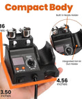 Compact Entry Level Hot Air Rework Station Kit with Integrated Design, showing built-in nozzle and gun holder, size dimensions