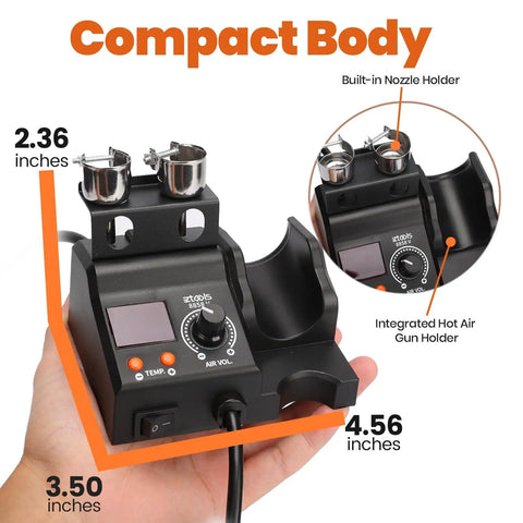 Compact Entry Level Hot Air Rework Station Kit with Integrated Design, showing built-in nozzle and gun holder, size dimensions