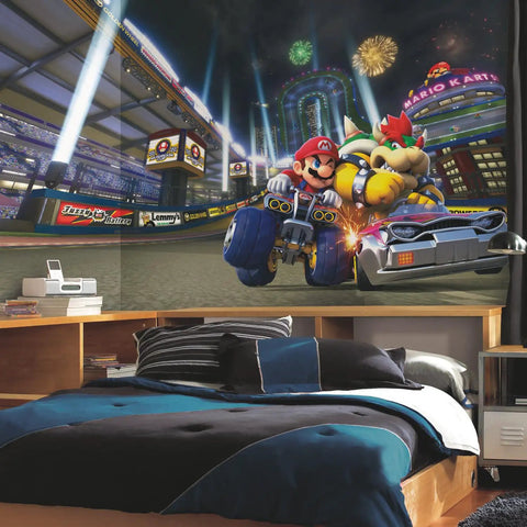 Mario Kart 8 XL Chair Rail Wall Mural 10.5 Ft By 6 Ft Spray And Stick Peel And Stick Wall Cover in game room over bed