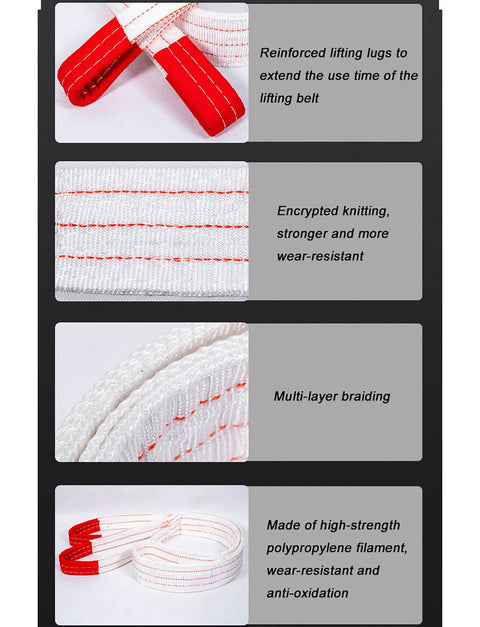 Heavy Duty Polyester Lifting Sling Web Belt For Crane Hoist And Forklift Towing shows reinforced lugs and multi-layered braiding.