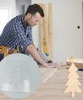 Top Shelf Christmas Acrylic Router Templates With Slick Holiday Motifs For Knockout Diy Woodworking And Cabinet Jigs Measuring Five Point Five By Seven Point Nine Inches In Crisp White Finish, displayed with woodworker using saw.